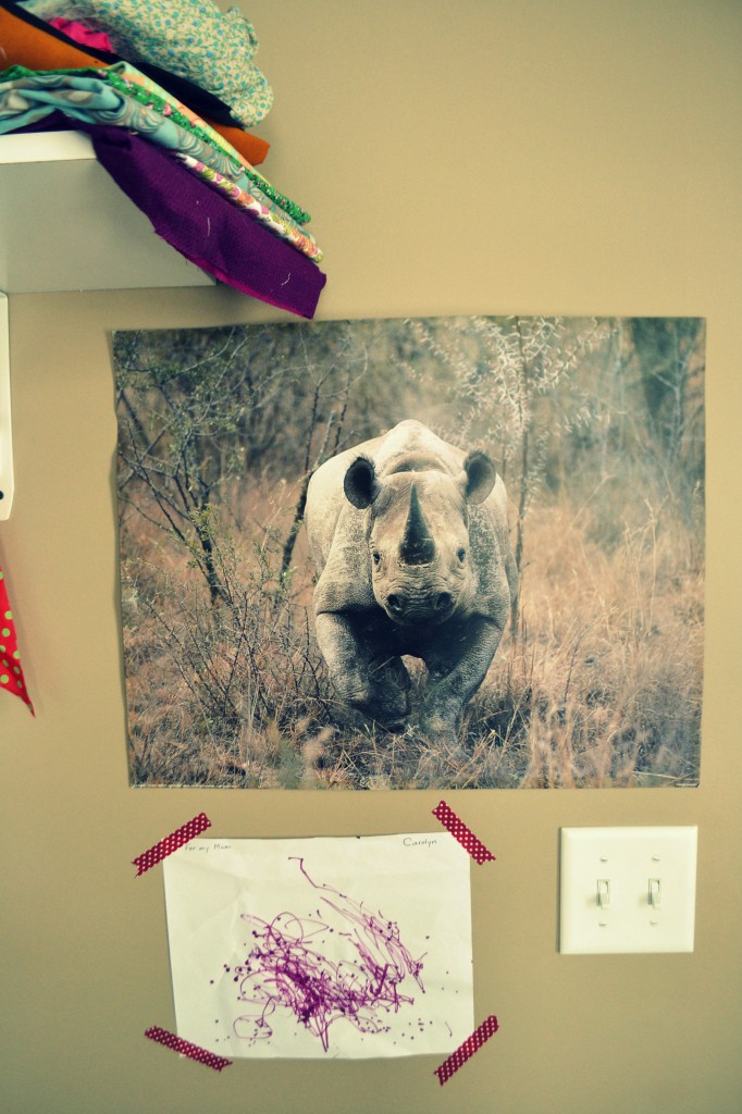 Rhino poster in sewing studio